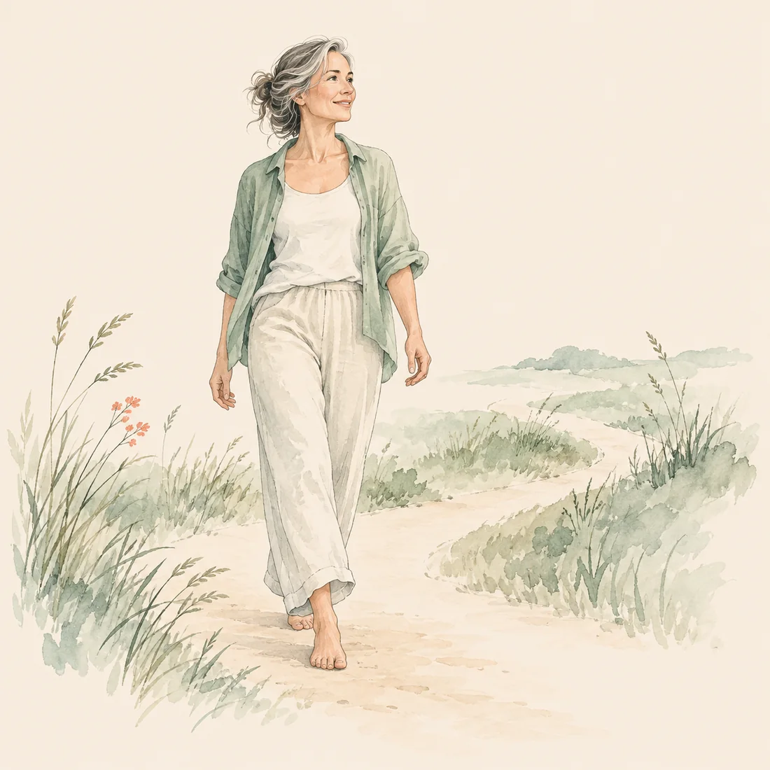 Rustige illustratie van een vrouw die op blote voeten over een gebogen pad tussen het groen wandelt.